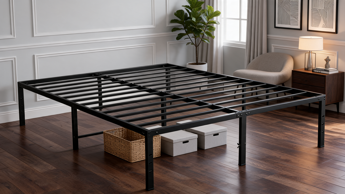 Black metal platform bed frame with baskets and boxes beneath beside a nightstand