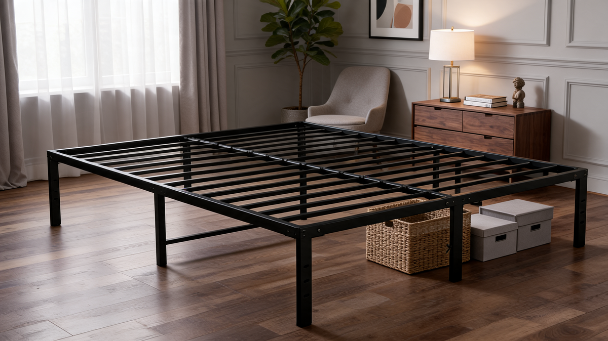 Black metal platform bed frame beside a window with baskets tucked underneath