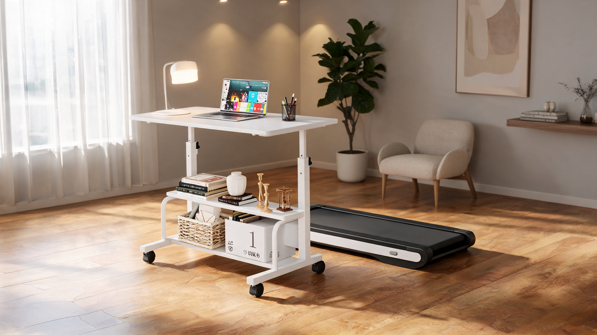 White rolling standing desk raised to standing height in a bright room
