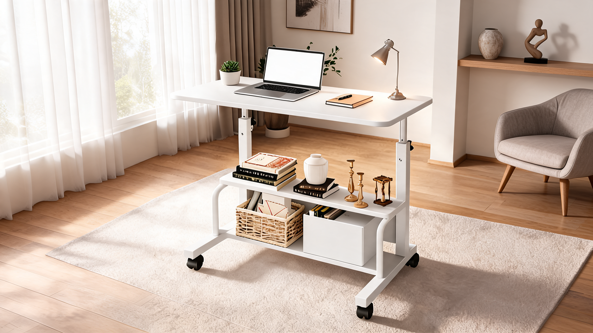 Mobile standing desk rolled beside a sofa