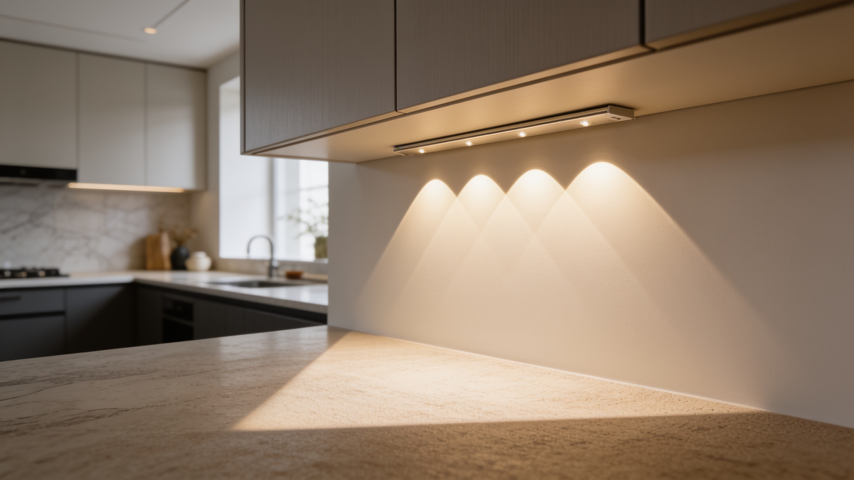 Slim motion sensor light bar lit under a kitchen cabinet