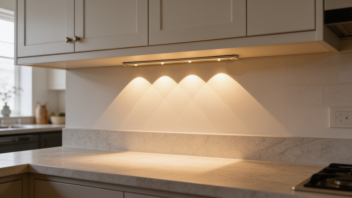 Motion sensor cabinet light lighting a kitchen worktop