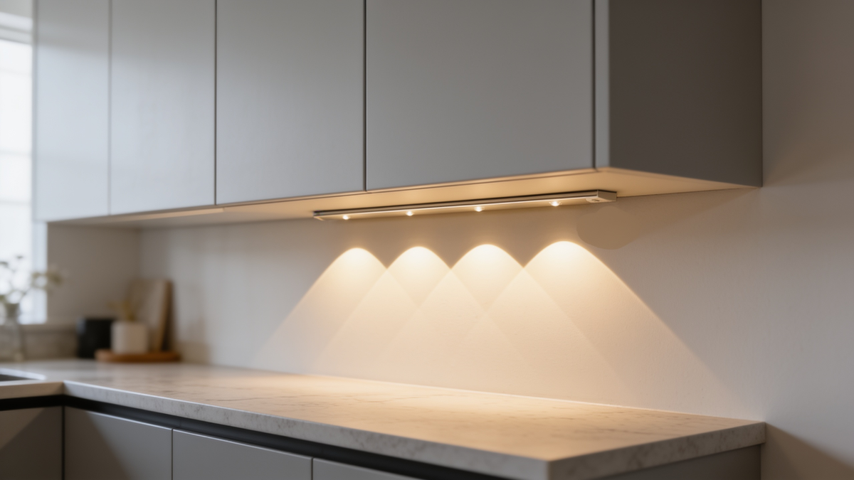 Motion sensor cabinet light casting warm light on a backsplash