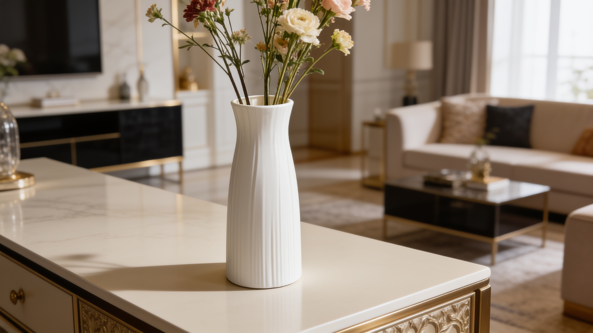 Nordic plastic flower vase styled on a table