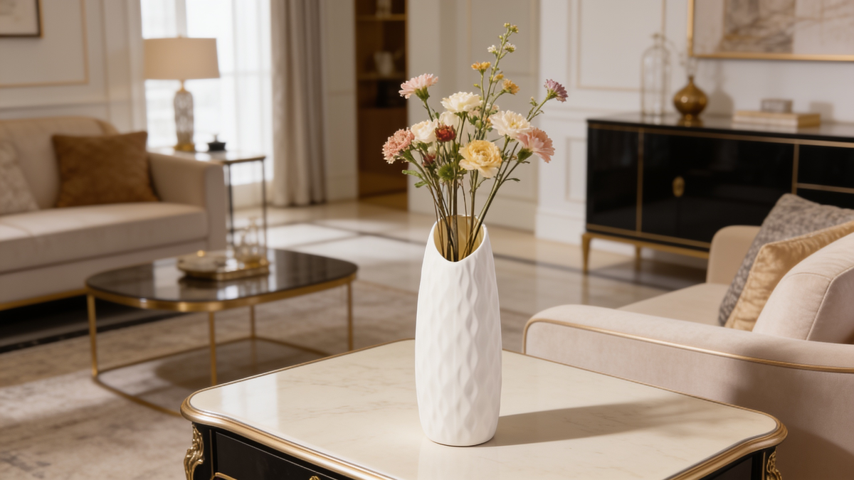 Nordic plastic flower vase in a living room setting