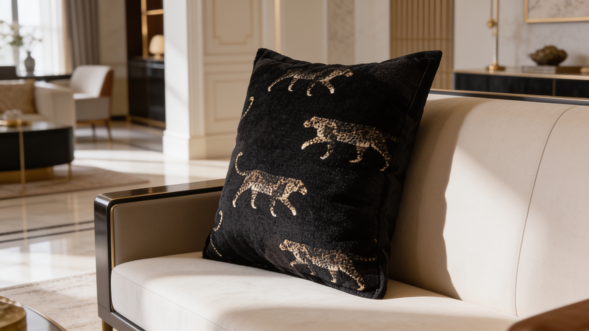 Leopard patterned woven pillow cover in a living room