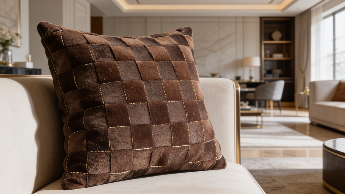 Close view of a brown quilted check woven pillow cover