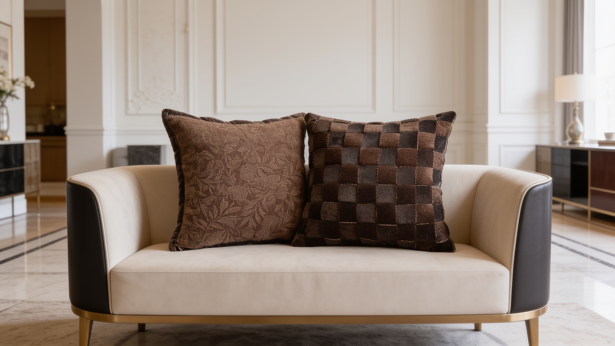 Brown foliage and check woven pillow covers on a cream settee