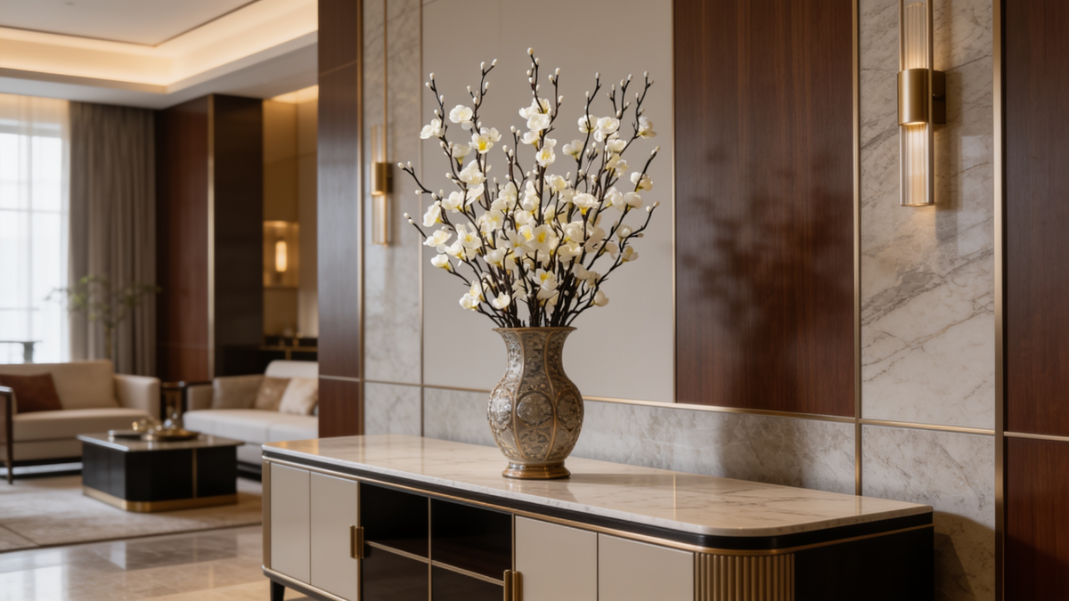 White artificial plum blossom branches in a tall vase