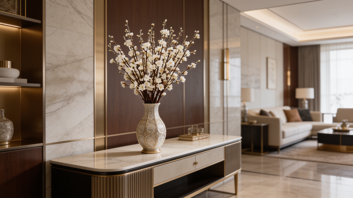 Long stem faux wintersweet blossom on a console table