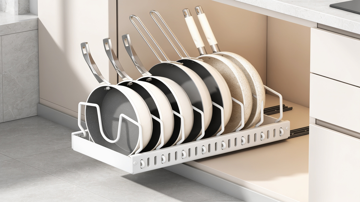 White pull out pan organiser holding pans on edge