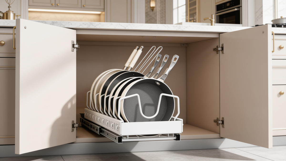 Pull out pan organiser sliding from an open cabinet