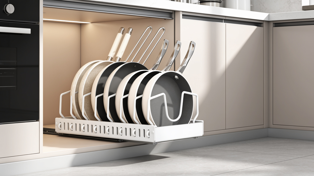 Pull out pan organiser in a base cabinet under a counter
