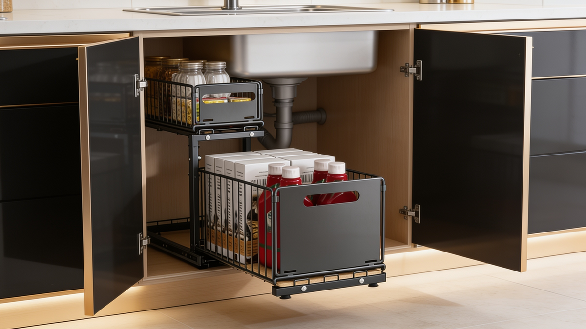 Pull out under sink organizer with two sliding tiers