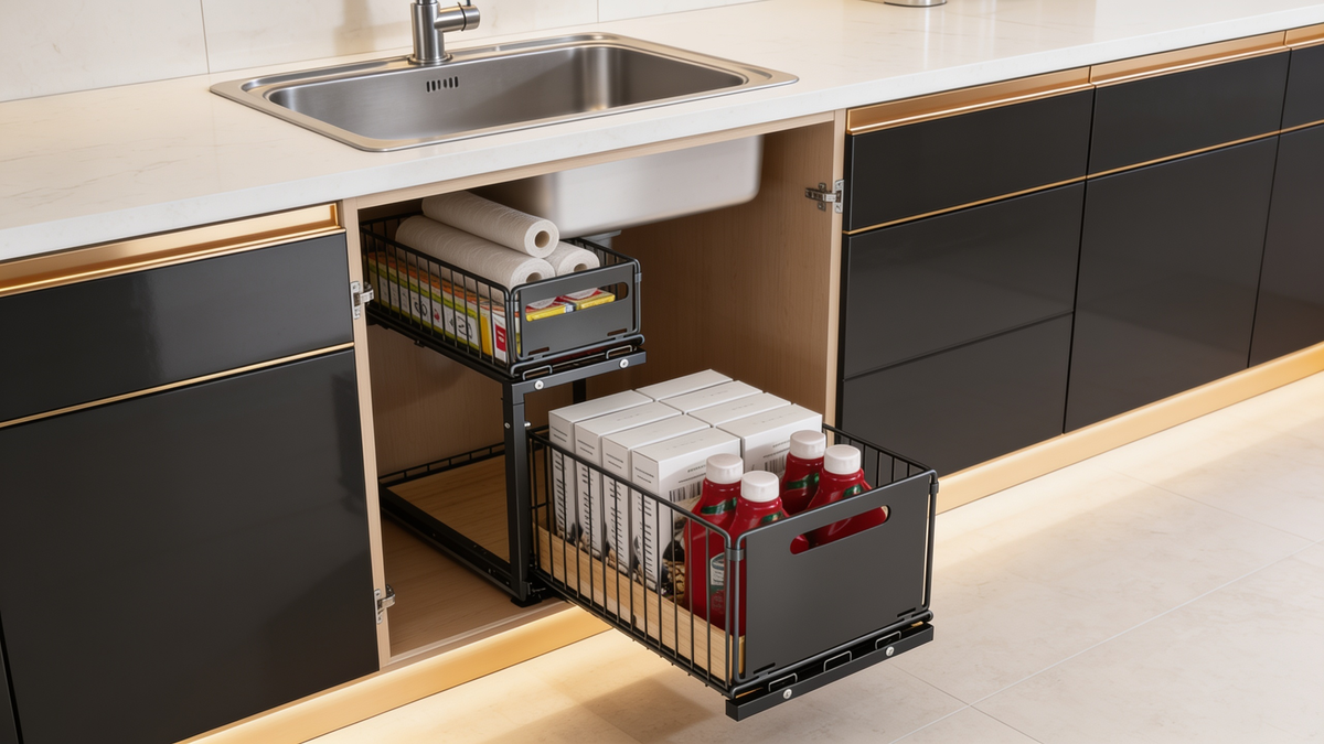 Two tier sliding shelf holding cleaning bottles in a cabinet