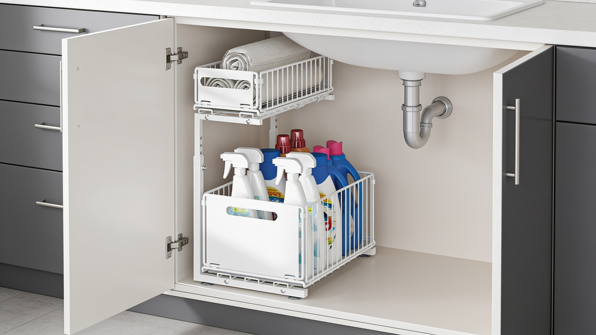 Metal under sink storage rack with adjustable shelf height