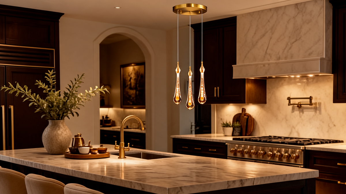 Three K9 crystal raindrop pendants on a plated gold canopy above a kitchen island