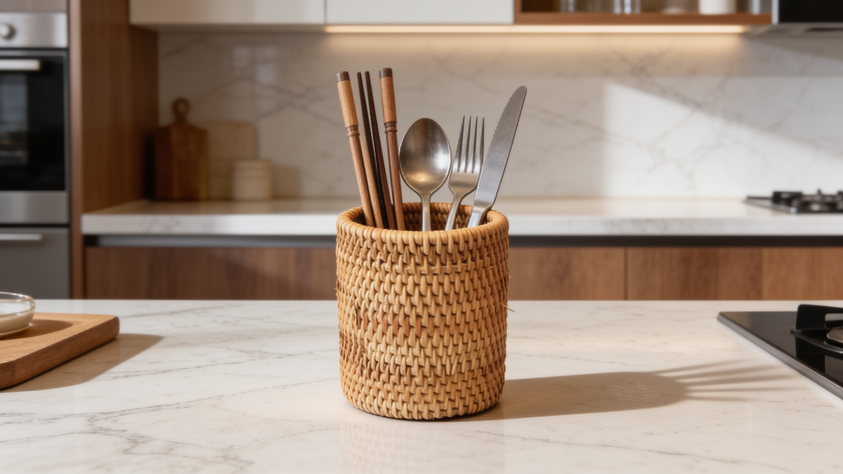 Woven rattan basket holding silverware on a kitchen counter