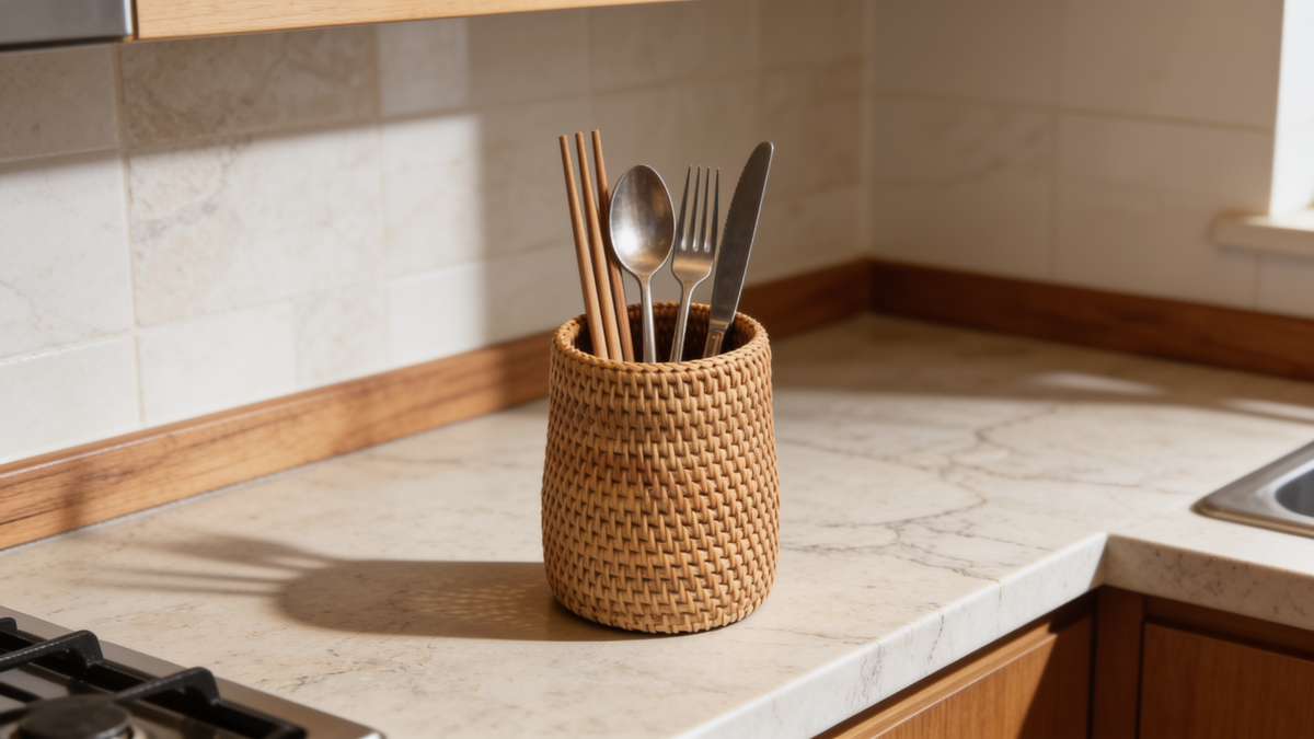 Rattan storage basket on a dining table