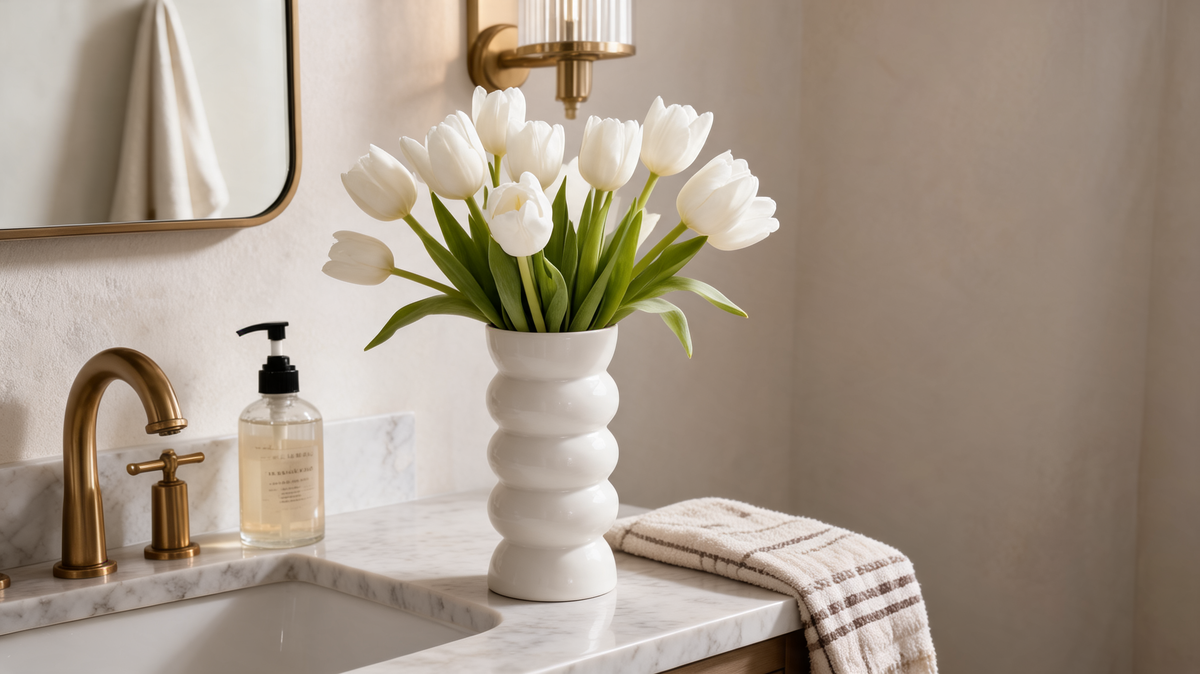 White ribbed glazed ceramic bubble vase of fresh white tulips on a marble bathroom vanity