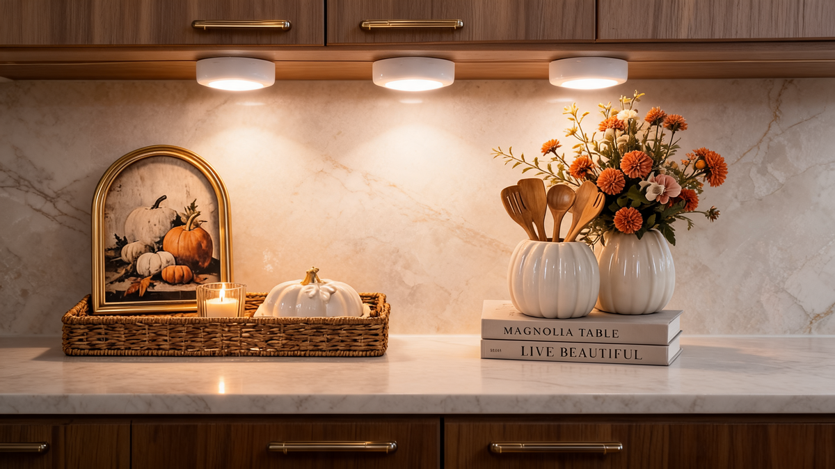 Three round puck lights glowing warm white under a wood cabinet above a kitchen counter