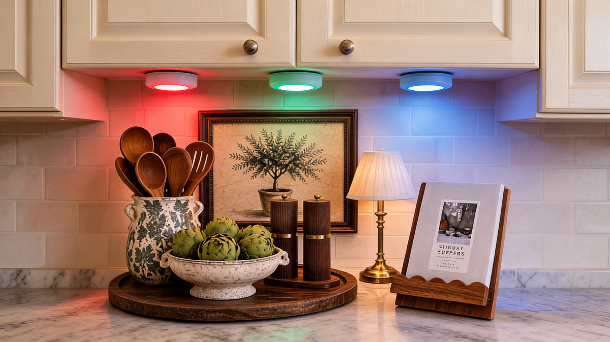 Three puck lights lit red, green and blue under a cream cabinet over a marble counter