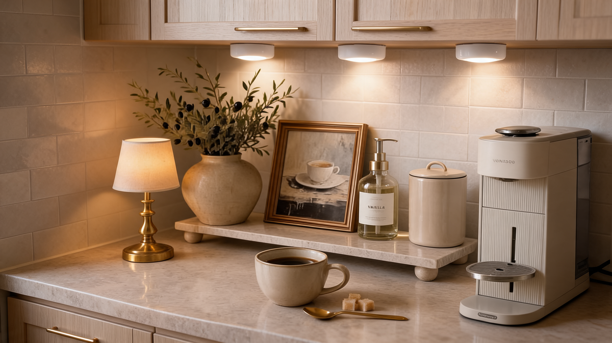 Puck lights washing warm light across a coffee station on a pale stone counter
