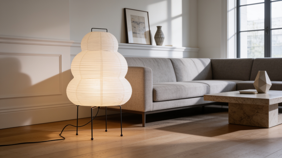 White rice paper floor lamp glowing beside a couch in a living room