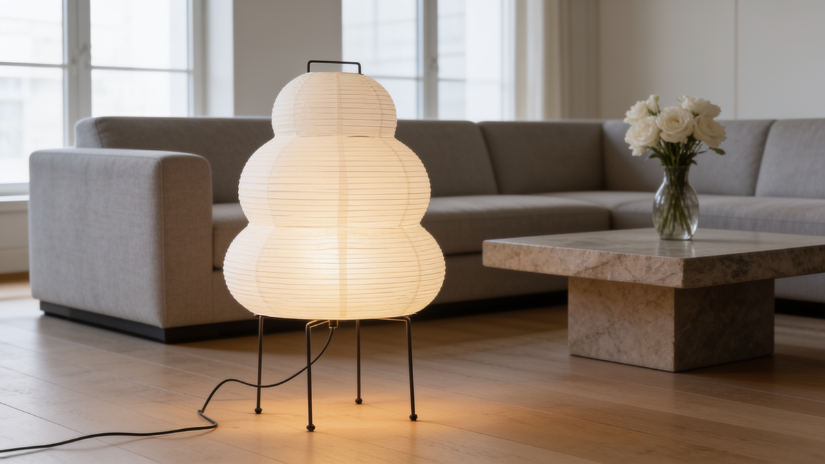 Rice paper lamp lighting an open living room in the evening