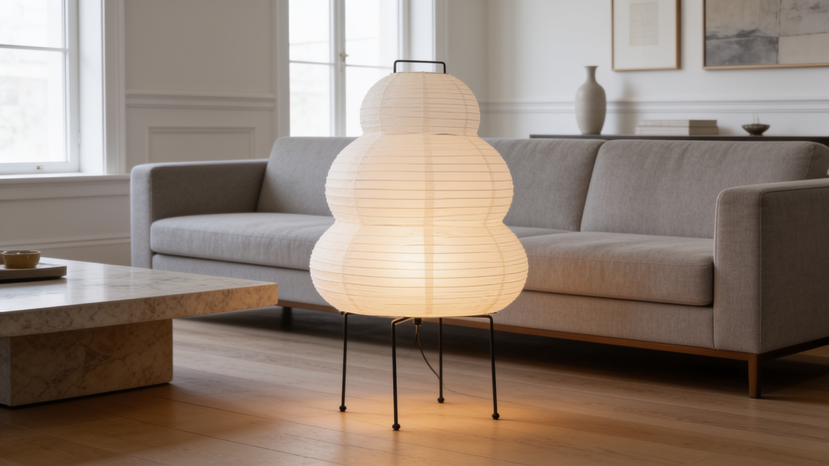 Assembled paper lantern lamp on a slim steel stand beside a couch