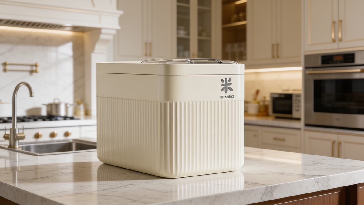 Cream fluted rice storage box on a kitchen counter