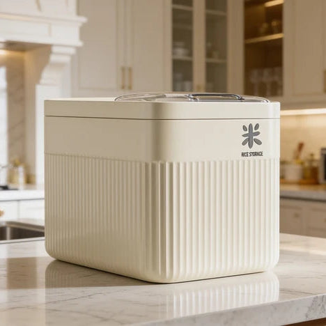 Cream ribbed rice storage bin with a sealed lid on a kitchen counter