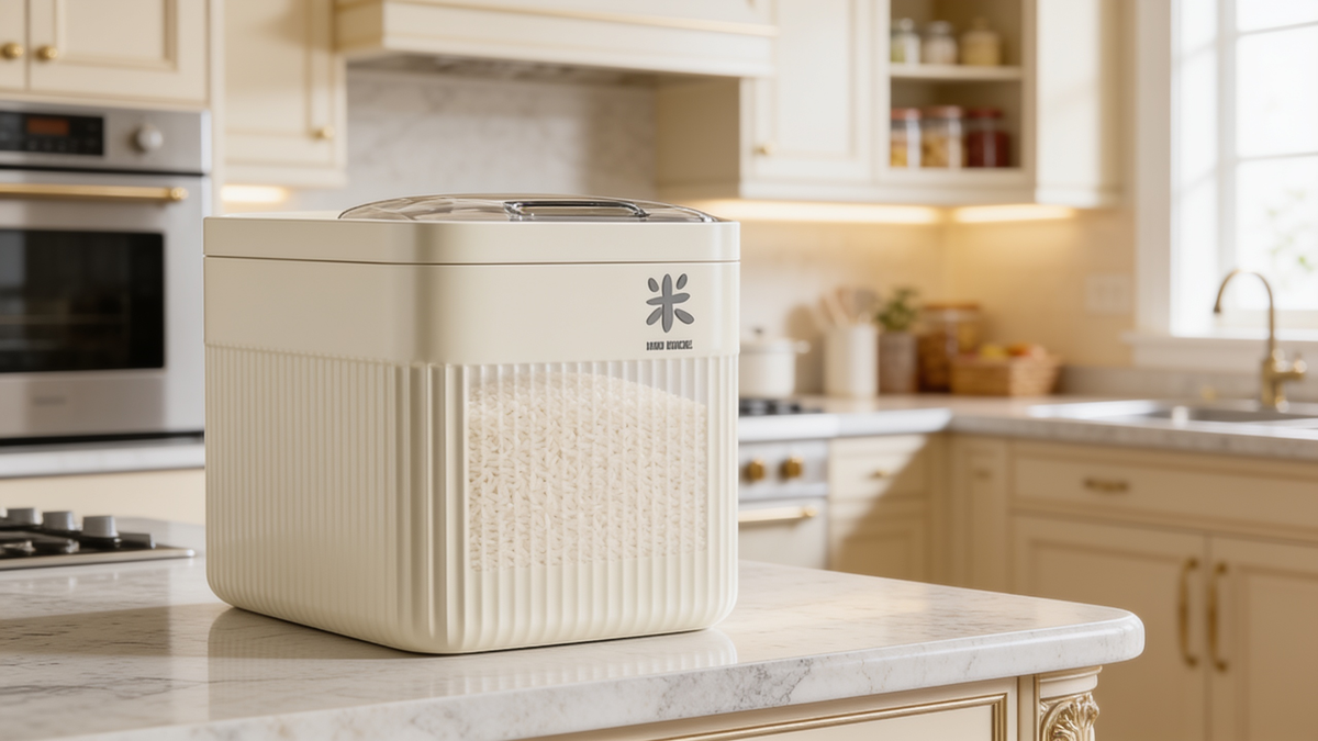 Cream rice storage box in a bright kitchen