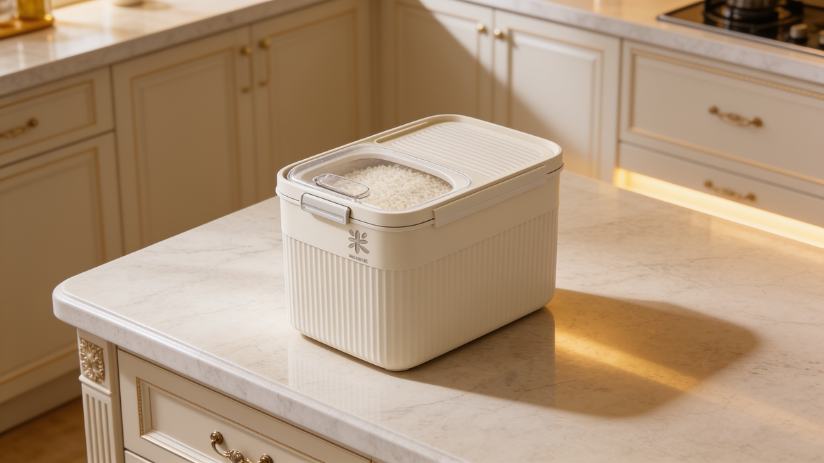 Rice storage box with its clear lid window on a marble island