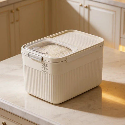 Rice container with a latching handle on a marble countertop