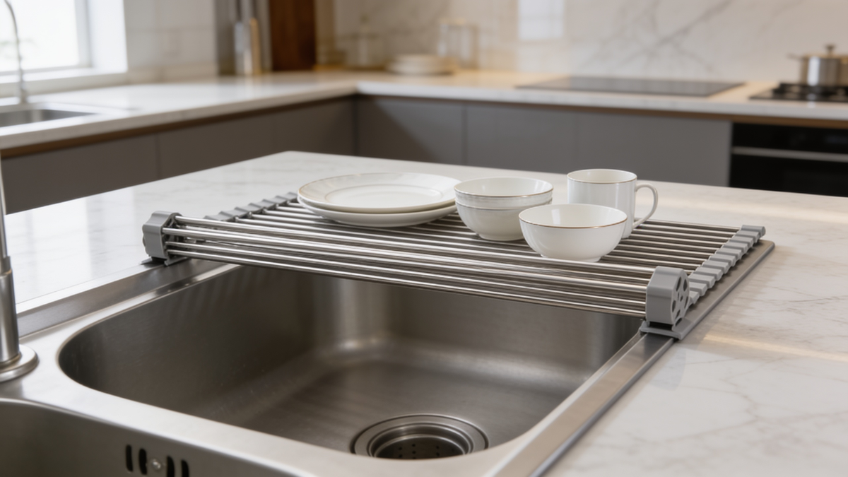 Roll up stainless steel dish rack draining plates over a kitchen sink