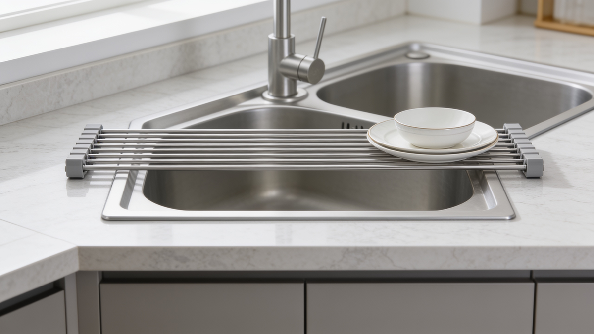 Roll up dish rack spanning a stainless steel sink