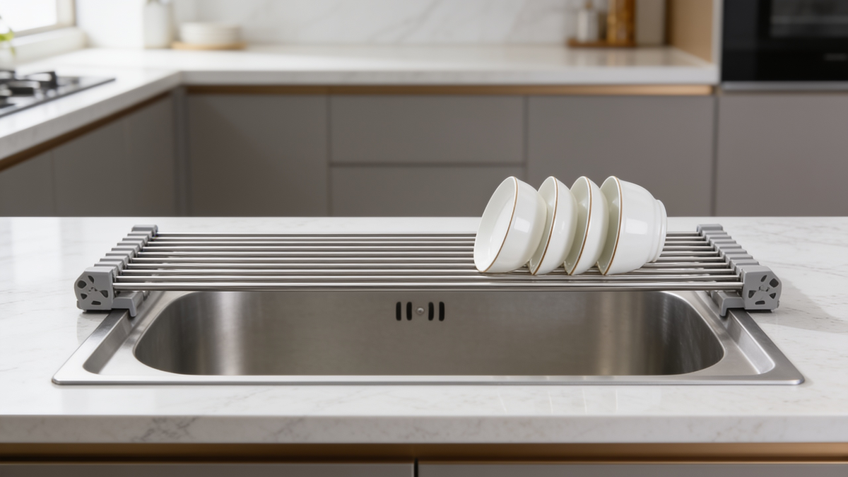Bowls draining on the stainless rods of a roll up sink rack