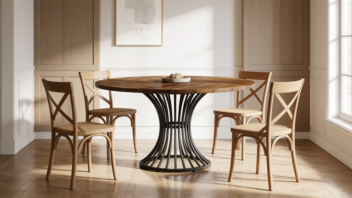 Round wood dining table with cross back chairs in a paneled dining room