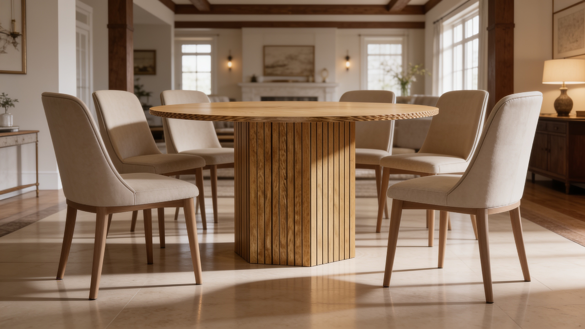Light wood round dining table with upholstered chairs beside a kitchen island