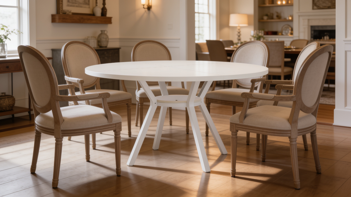 White round dining table circled by cream armchairs near a fireplace