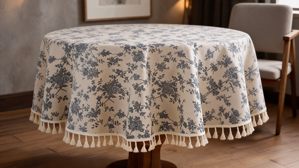 Round blue floral tablecloth with tassel trim draped over a round wooden table