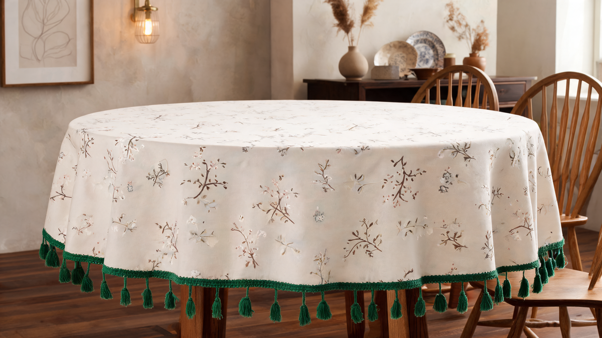 Round cream floral tablecloth with green tassel trim set on a dining table
