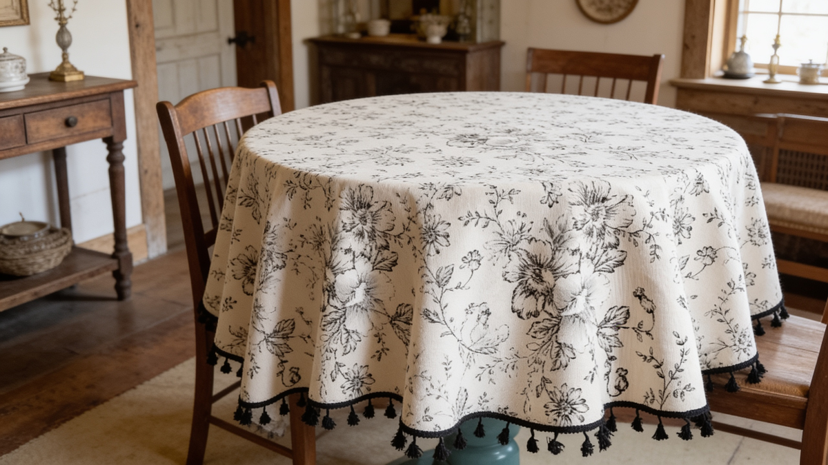 Black floral print round tablecloth with black tassel hem on a round table