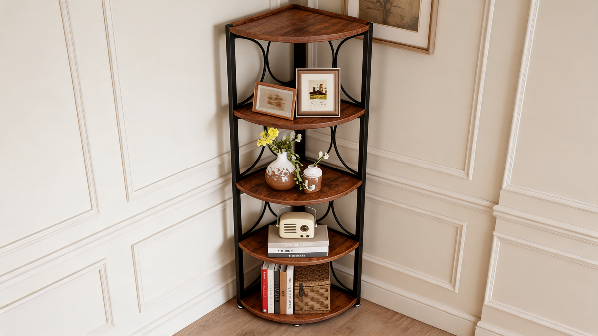Rustic corner shelf tucked flush into an inside corner of a panelled room