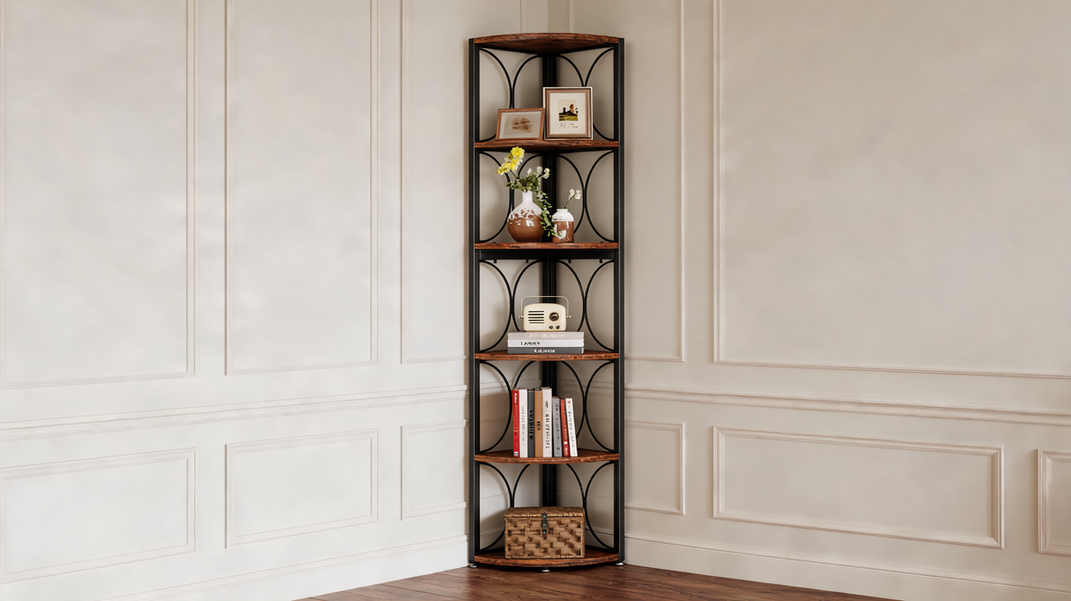 Front on view of the corner shelf showing all six shelves and its narrow footprint