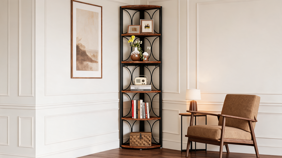 Arched steel frame and rustic wood shelves seen beside an armchair and floor lamp