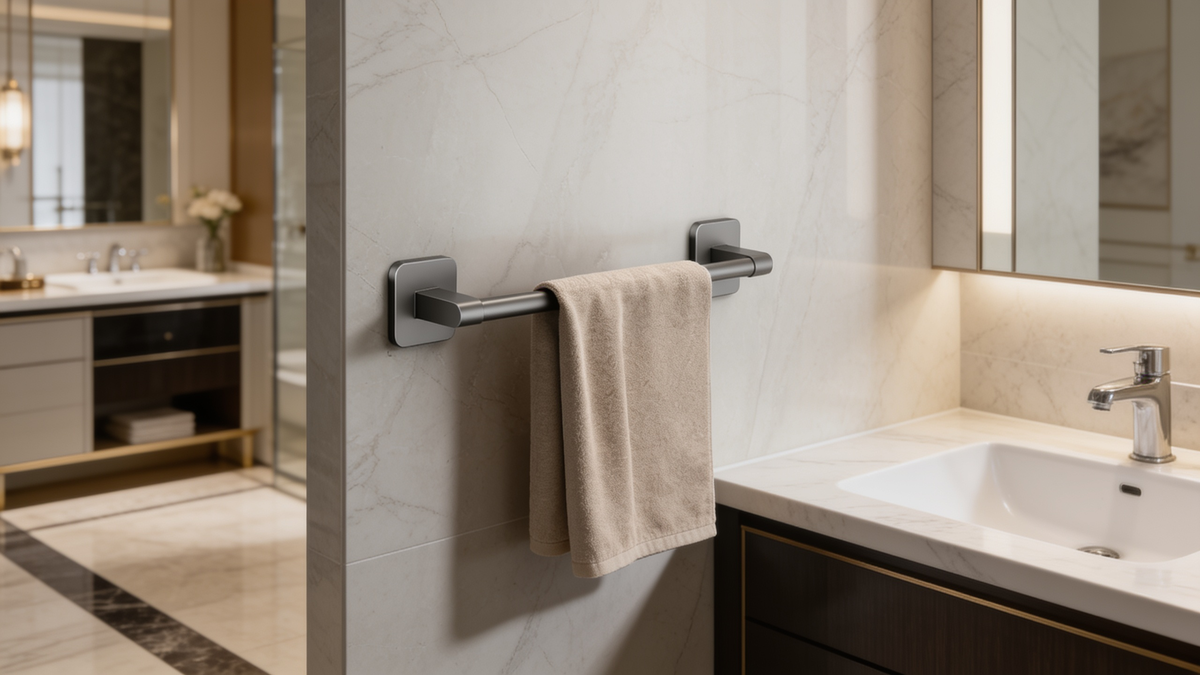 Self adhesive black towel bar mounted on a tiled bathroom wall with no drilling
