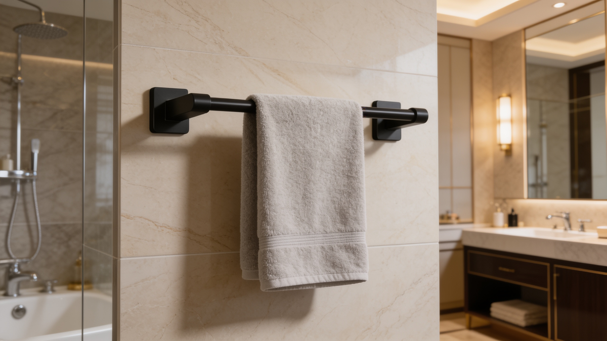 Single towel rail holding one bath towel opened out to dry