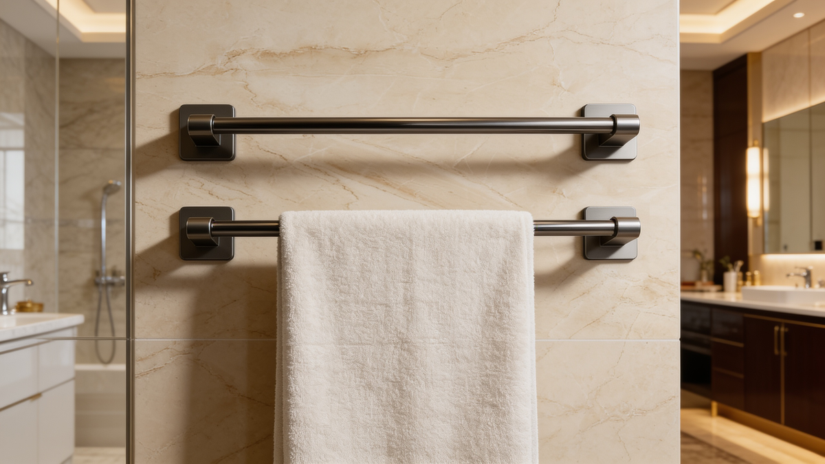 Sprayed aluminum alloy towel bar finish in a steamy bathroom